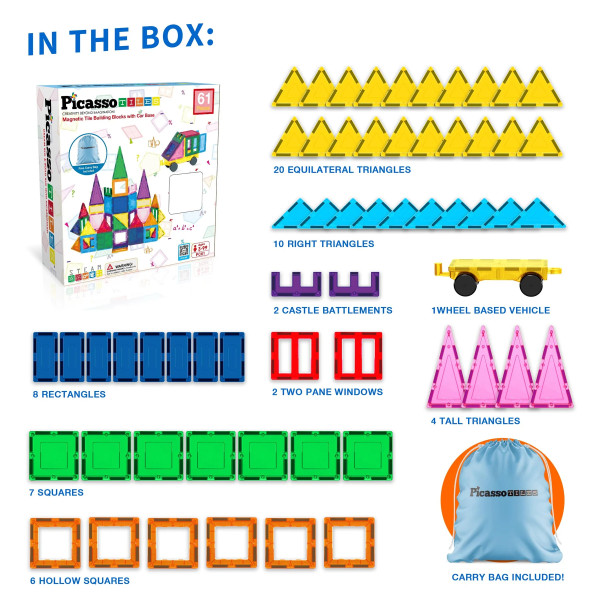 Фото - Магнітний конструктор Picasso Tiles THE BUILDING BLOCKS WITH CAR 61 деталь (28244)