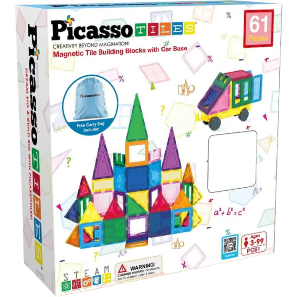 Фото - Магнітний конструктор Picasso Tiles THE BUILDING BLOCKS WITH CAR 61 деталь (28244)