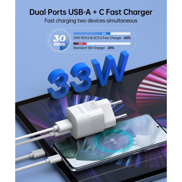 Фото - Мережевий зарядний пристрій Choetech GaN USB-A/USB-C 33W QC3.0/PD/PPS (PD5006-EU-WH)