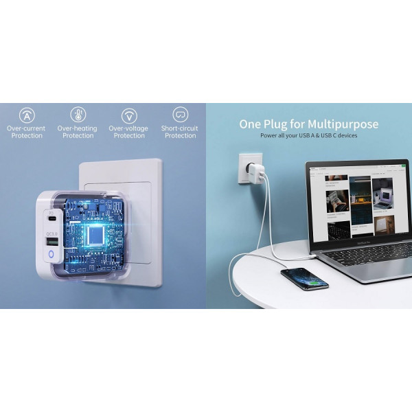 Фото - Мережевий зарядний пристрій Choetech GaN USB Type-C Type-A 65W PD QC (PD8002)
