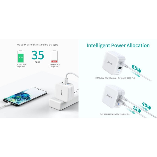 Фото - Мережевий зарядний пристрій Choetech GaN USB Type-C Type-A 65W PD QC (PD8002)