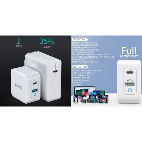Фото - Мережевий зарядний пристрій Choetech GaN USB Type-C Type-A 65W PD QC (PD8002)