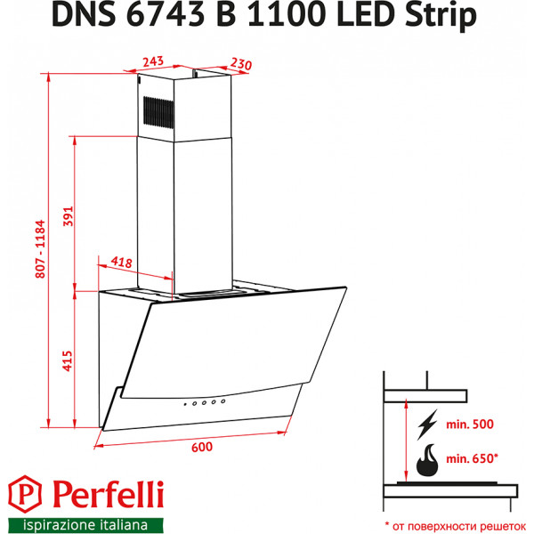 Фото - Вытяжка декоративная Perfelli DNS 6743 B 1100 BL LED Strip