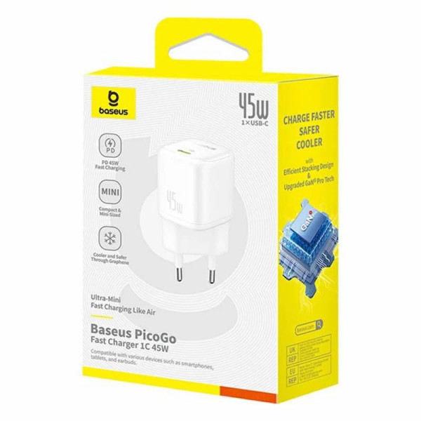 Фото - Мережевий зарядний пристрій Baseus PicoGo GaN Fast Charger 1C 45W EU Moon White (P10176800213-00)