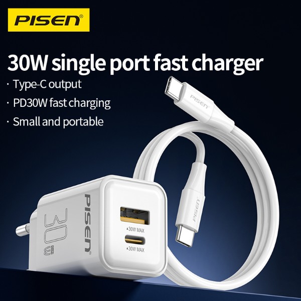 Фото - Мережевий зарядний пристрій Pisen Quick GaN USB-C+USB-A 30W Fast Wall Charger(C to L Cable)(EU) (TC-082AC30G_Kit)