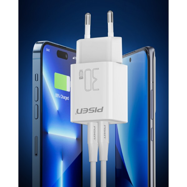 Фото - Мережевий зарядний пристрій Pisen Quick GaN USB-C+USB-A 30W Fast Wall Charger(C to L Cable)(EU) (TC-082AC30G_Kit)