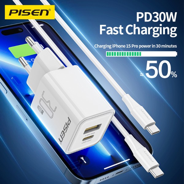 Фото - Мережевий зарядний пристрій Pisen Quick GaN USB-C+USB-A 30W Fast Wall Charger(C to L Cable)(EU) (TC-082AC30G_Kit)