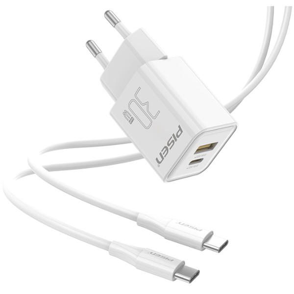 Фото - Мережевий зарядний пристрій Pisen Quick GaN USB-C+USB-A 30W Fast Wall Charger(C to L Cable)(EU) (TC-082AC30G_Kit)