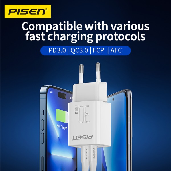Фото - Мережевий зарядний пристрій Pisen Quick GaN USB-C+USB-A 30W Fast Wall Charger(C to L Cable)(EU) (TC-082AC30G_Kit)