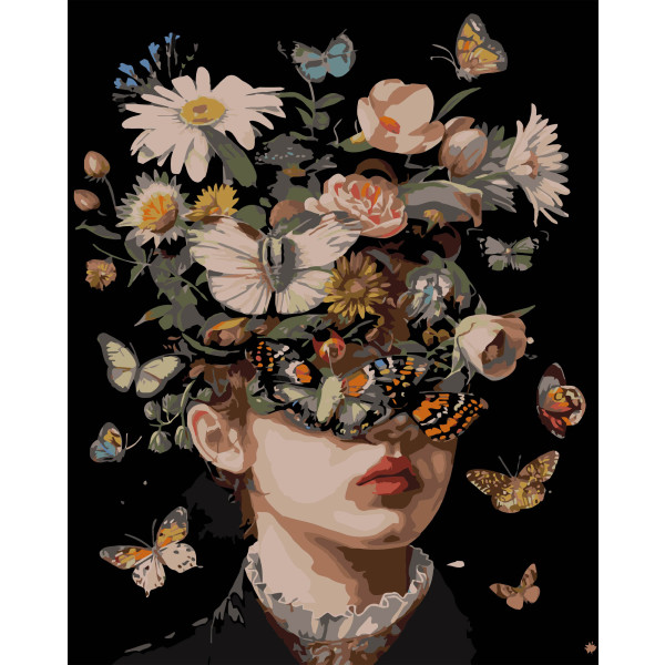 Фото - Картина за номерами Strateg Дівчина і метелики на чорному фоні 40х50 см (AH1176-19)