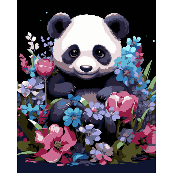 Фото - Картина за номерами Strateg Весняна панда на чорному фоні 40х50 см (AH1203-17)