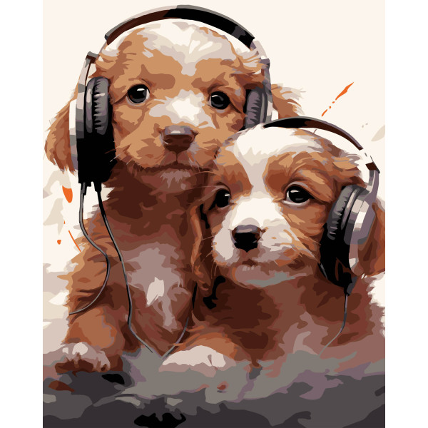 Фото - Картина за номерами Strateg Цуценята в навушниках на чорному фоні  40х50 см (AH1218-19)