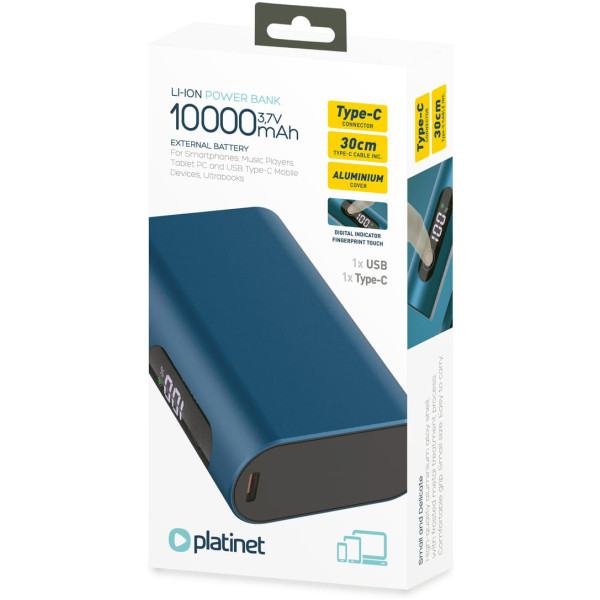 Фото - Батарея мобильная Platinet 10000mAh TYPE-C PD20W+ SCP22.5W HD+ 1500 CYCLES TOUCH MINI Blue (PMPB742BL)