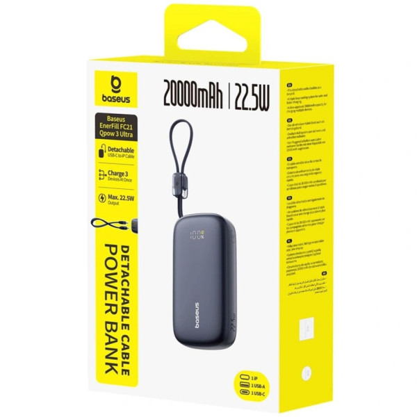Фото - Батарея мобильная Baseus EnerFill FC21 Qpow 3 Ultra Digital Display with Detachable Cable 20000mAh 22.5W Cosmic Black (000062158)