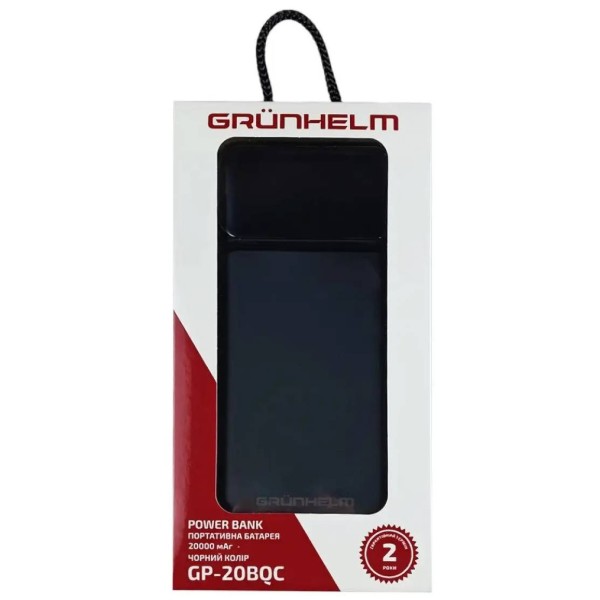 Фото - Батарея мобільна Grunhelm 20.000 mAh Black швидка зарядка 22.5W (GP-20BQC)