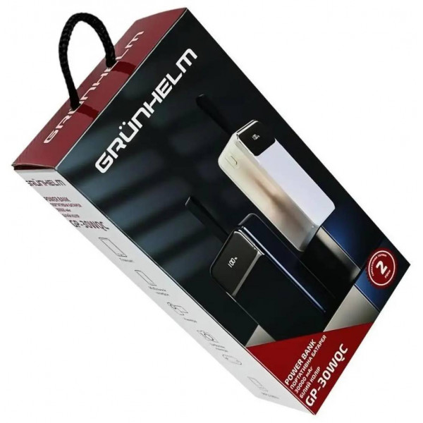 Фото - Батарея мобільна Grunhelm 30.000 mAh White швидка зарядка 22.5W (GP-30WQC)