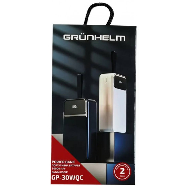 Фото - Батарея мобільна Grunhelm 30.000 mAh White швидка зарядка 22.5W (GP-30WQC)
