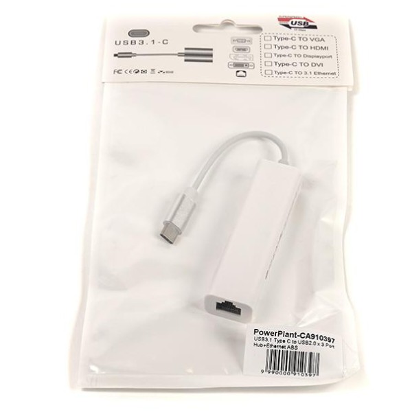 Фото - Уцінка - Перехідник PowerPlant USB 3.1 Type-C - 3 порта USB 2.0 + Ethernet (CA910397) #
