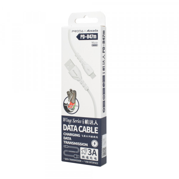 Фото - Кабель синхронізації даних Proda PD-B47m Micro USB Quick Charge 3А White (PD-B47m-WHT)