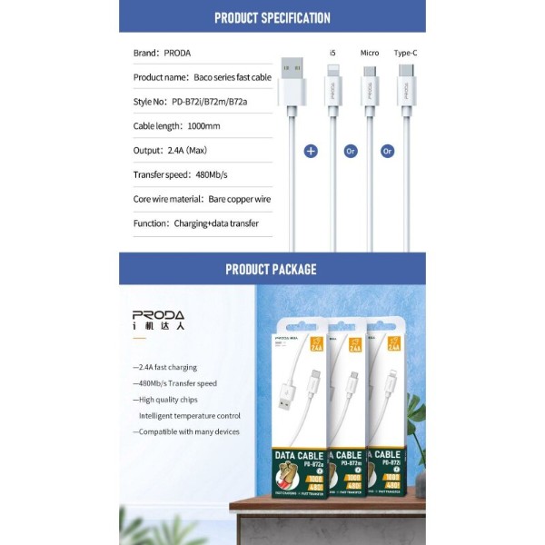 Фото - Кабель Proda PD-B72m microUSB 2.4А White (PD-B72m-WHT)
