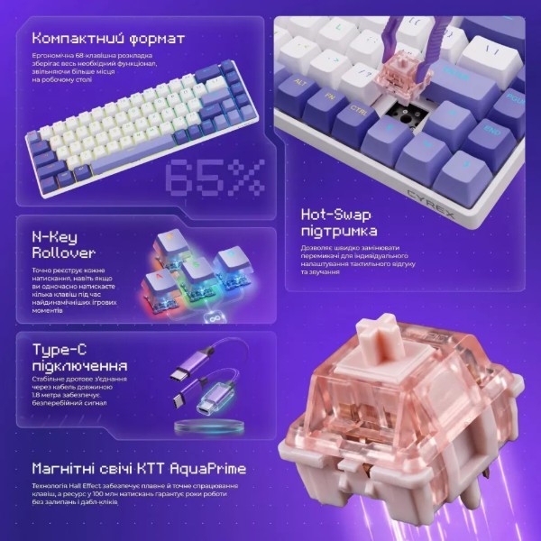 Фото - Клавиатура проводная игровая Proove Gaming Cyrex (Ukraine Layout) white/purple (MKCR00022417)