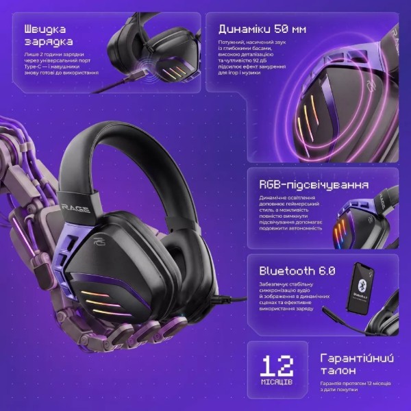 Фото - Гарнитура беспроводная игровая Proove Gaming Rage (APP) white/purple (WHRG00020002)