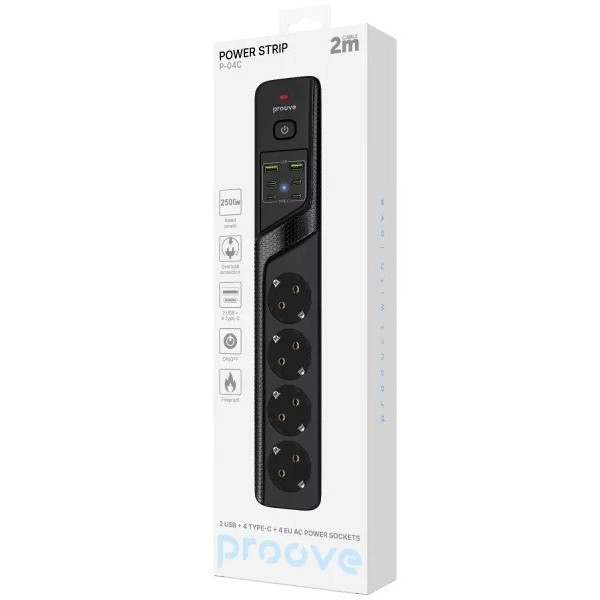 Фото - Мережевий фільтр Proove Power Strip P-04C (4 розетки + 2 USB + 4 Type-C) 2 м Black (PSPS25002421)