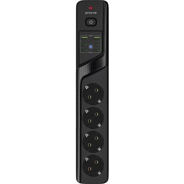 Фото - Мережевий фільтр Proove Power Strip P-04C (4 розетки + 2 USB + 4 Type-C) 2 м Black (PSPS25002421)