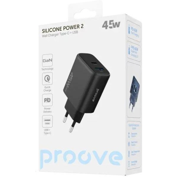 Фото - Мережевий зарядний пристрій Proove Silicone Power 2 45W (Type-C+USB) black (WCSP24110001)