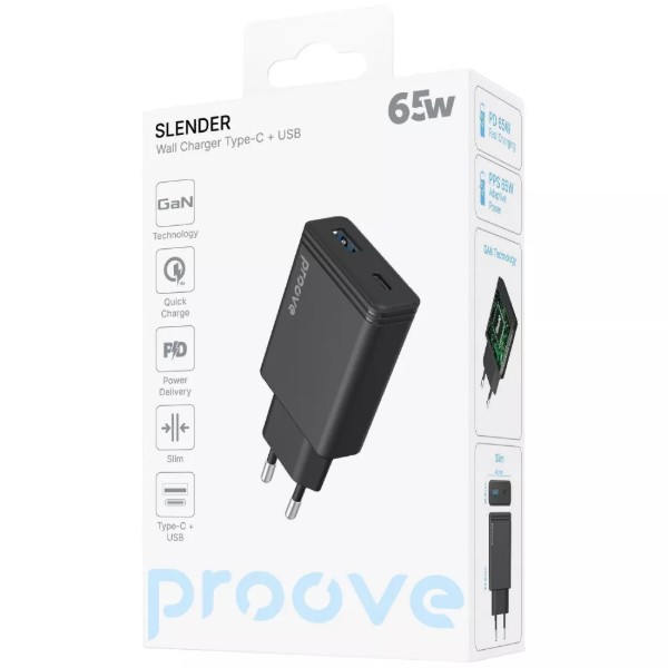 Фото - Мережевий зарядний пристрій Proove Slender 65W (Type-C + USB) black (WCSL65110001)