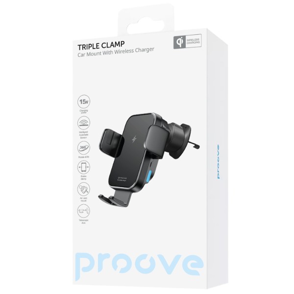 Фото - Автотримач з бездротовою зарядкою Proove Triple Clamp15W Black (479210001)