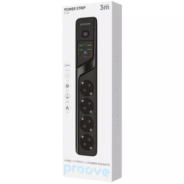 Фото - Сетевой фильтр Proove Power Strip P-04 4 sockets+4 USB+2 Type-C 3 м Black (PSP442430001)