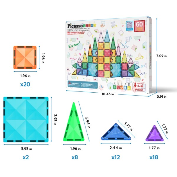 Фото - Магнитный конструктор Picasso Tiles MINI DIAMOND SERIES SET 60 деталей (22303)