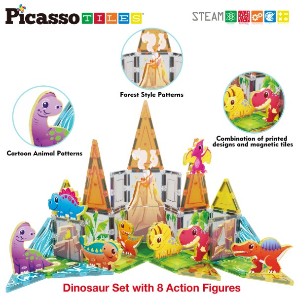 Фото - Пластиковий конструктор Picasso Tiles DINOSAUR SET з 8 фігурками динозаврів на 38 дет. (817338028848)