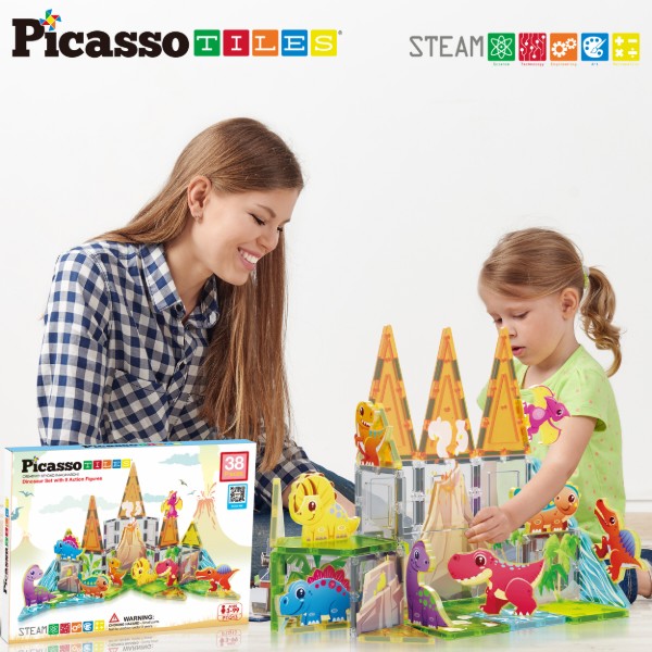 Фото - Пластиковий конструктор Picasso Tiles DINOSAUR SET з 8 фігурками динозаврів на 38 дет. (817338028848)