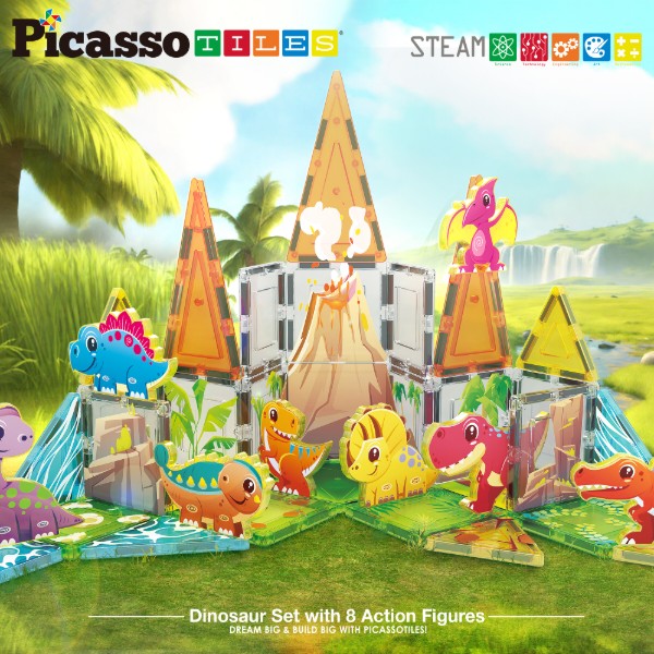 Фото - Пластиковий конструктор Picasso Tiles DINOSAUR SET з 8 фігурками динозаврів на 38 дет. (817338028848)