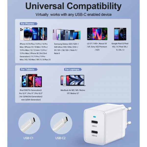 Фото - Сетевое зарядное устройство Choetech 2 USB-C 40W (Q5006-EU-WH)