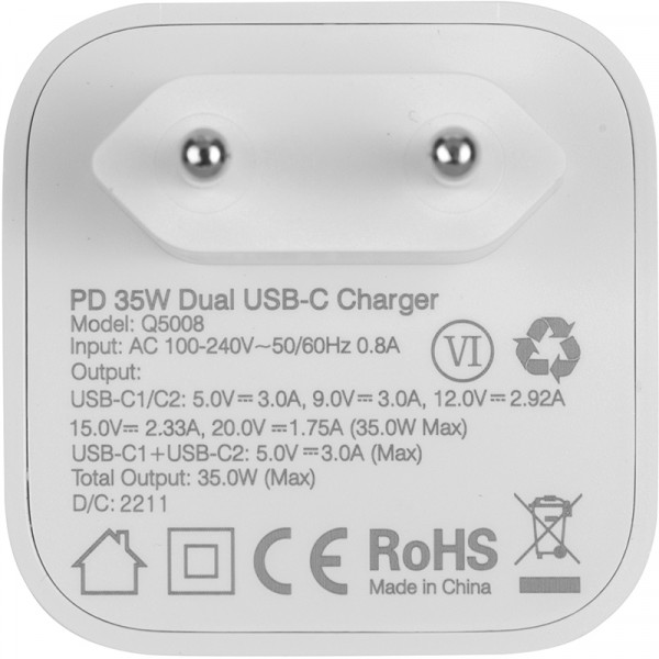 Фото - Мережевий зарядний пристрій Choetech 2x USB Type-C 35W PD3.0, Qc3.0 (Q5008)