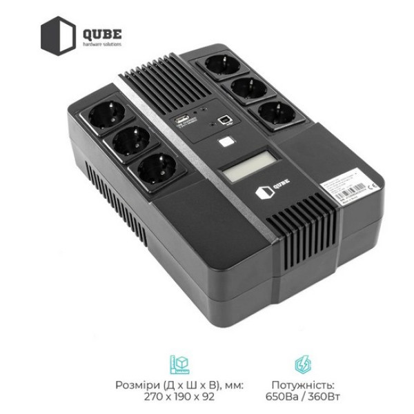 Фото - Джерело безперебійного живлення QUBE AIO 650, 650VA/360W, LCD, 6 x Schuko, RJ-45, USB (QBAIO650)