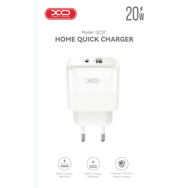 Фото - Мережевий зарядний пристрій XO PD20W/QC18W 1USB-A+1USB-C Fast Charging (XO-QC37)