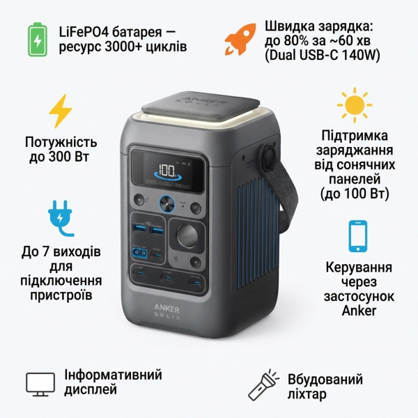Фото - Зарядная станция универсальная Anker Solix C300 DC с LiFePO4-батареей (300W,288Wh) Black (714963)