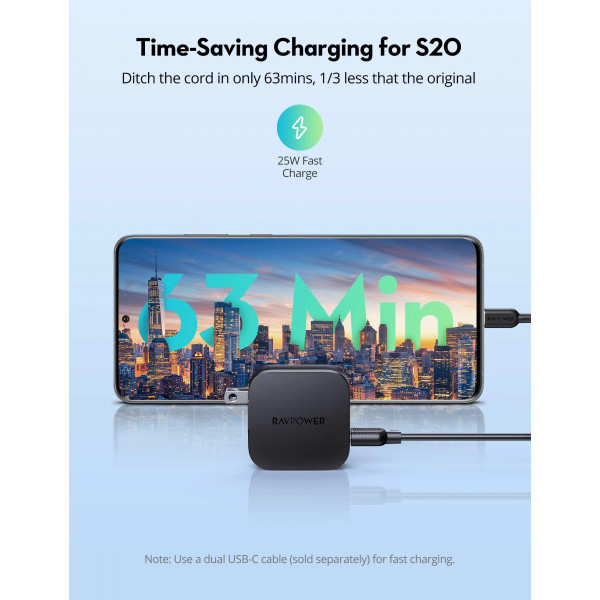 Фото - Сетевое зарядное устройство RavPower Charger 30W PD USB-C+USB-A Black (RP-PC144)