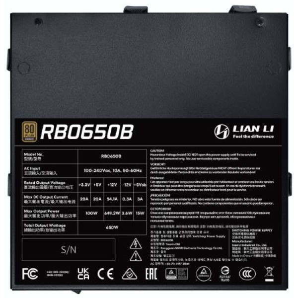 Фото - Блок живлення для ПК Lian Li RB0650B 80 PLUS Bronze Black (G9P.RB0650B.B000.EU)