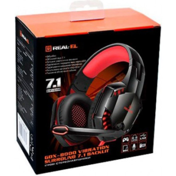 Фото - Гарнітура дротова ігрова REAL-EL GDX-8000 Vibration Surround 7.1 BackLit Black-Red