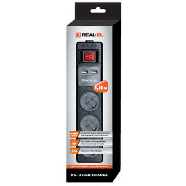 Фото - Мережевий фільтр REAL-EL RS-3 CHARGE (3 роз, 2 USB, 1,8 м), 16А