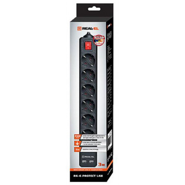 Фото - Сетевой фильтр REAL-EL RS-6 Protect USB 3m Black