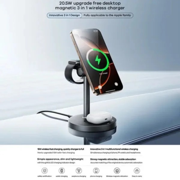 Фото - Бездротовий зарядний пристрій Remax 20.5W upgrade free desktop magnetic 3 in 1 wireless charger CW01 Black (6954851256243)