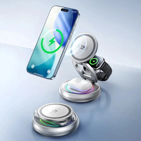 Фото - Бездротовий зарядний пристрій Remax 20.5W Upgrade free metal foldable rotatable magnetic 3 in 1 wireless charger CW05 Sliver (6954851260271)