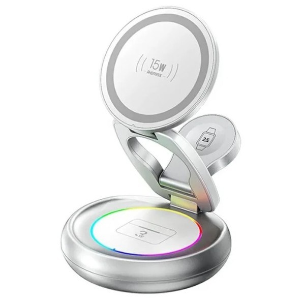 Фото - Бездротовий зарядний пристрій Remax 20.5W Upgrade free metal foldable rotatable magnetic 3 in 1 wireless charger CW05 Sliver (6954851260271) Фото - Бездротовий зарядний пристрій Remax 20.5W Upgrade free metal foldable rotatable magnetic 3 in 1 wireless charger CW05 Sliver (6954851260271)