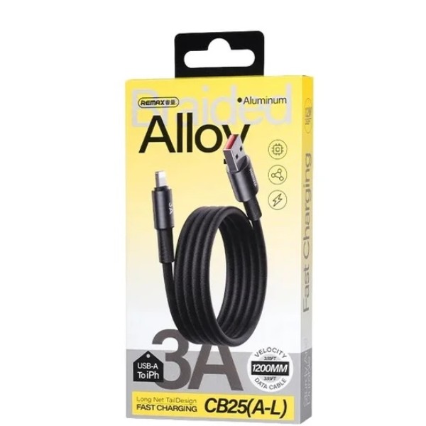 Фото - Кабель Remax WindSpeed Series Fast charging aluminum alloy braided data cable CB25  (A-L) 3A - Black 1.2м (6954851247692)